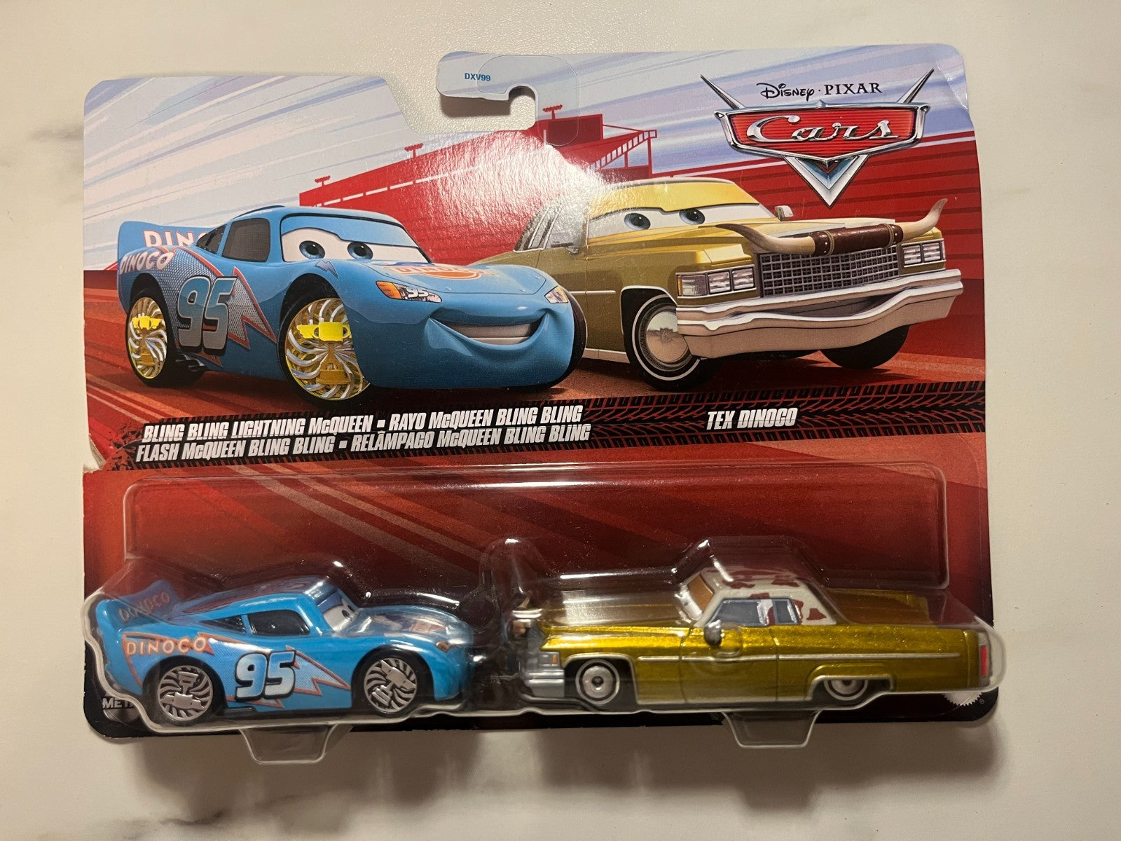 Coffret 2 Voitures Cars Disney Pixar Flash Mcqueen bling bling + Tex Dinoco