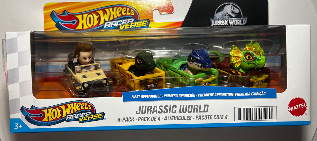 Hot Wheels Racer Verse Jurassic World 4-Pack – Owen & Dinosaures – Coffret Officiel Mattel