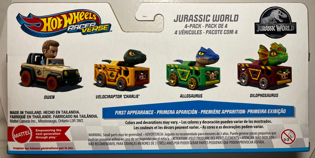 Hot Wheels Racer Verse Jurassic World 4-Pack – Owen & Dinosaures – Coffret Officiel Mattel