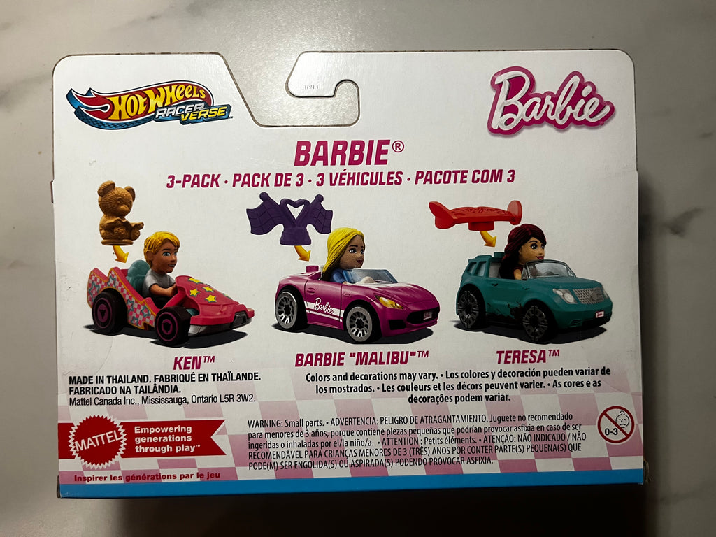 🎀🚗 Hot Wheels Racer Verse Barbie – Coffret 3 Véhicules Ken, Barbie Malibu & Teresa