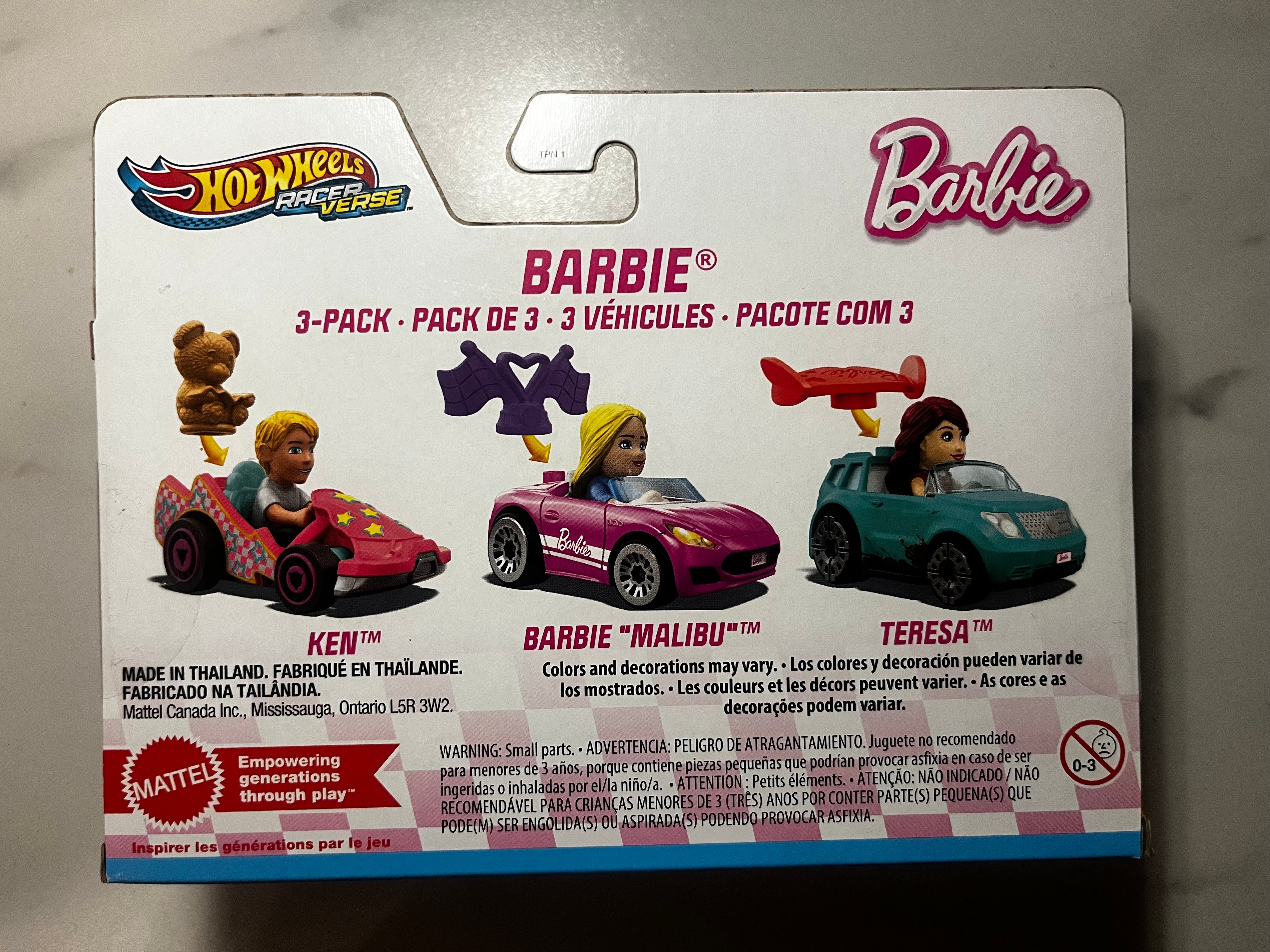 🎀🚗 Hot Wheels Racer Verse Barbie – Coffret 3 Véhicules Ken, Barbie Malibu & Teresa